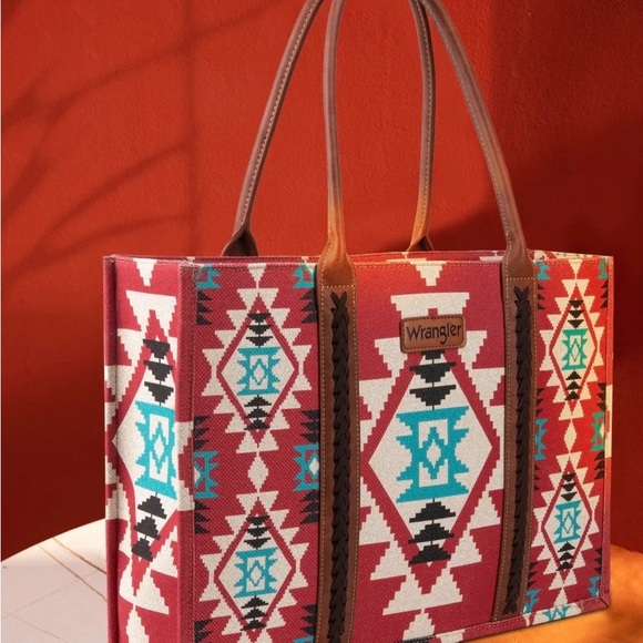 Wrangler Handbags - Wrangler Geometric Red and Brown Tote